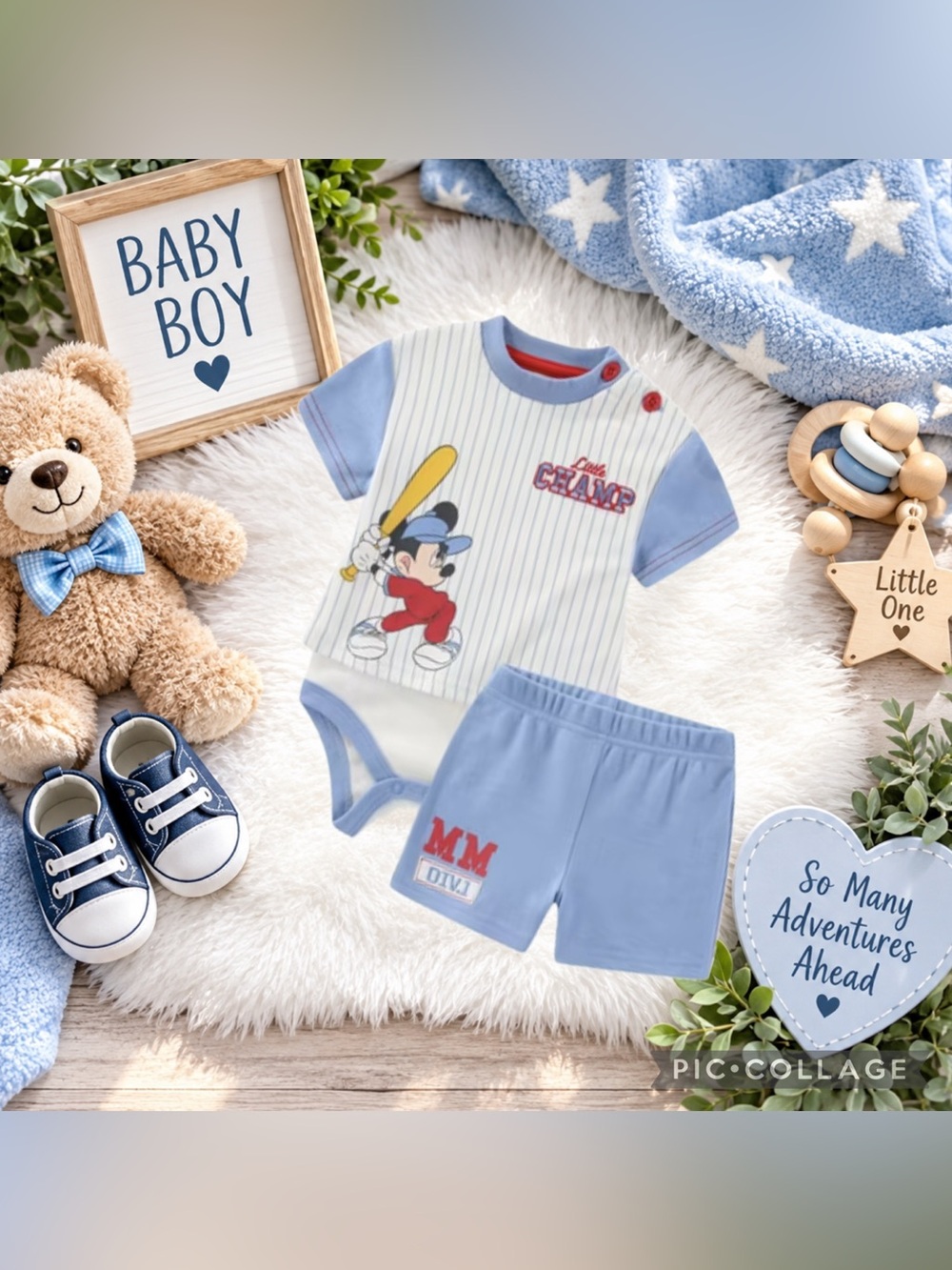 Disney Blue and White 'Little Champ' Baseball Bodysuit & Shorts Set 3-6M NWT
